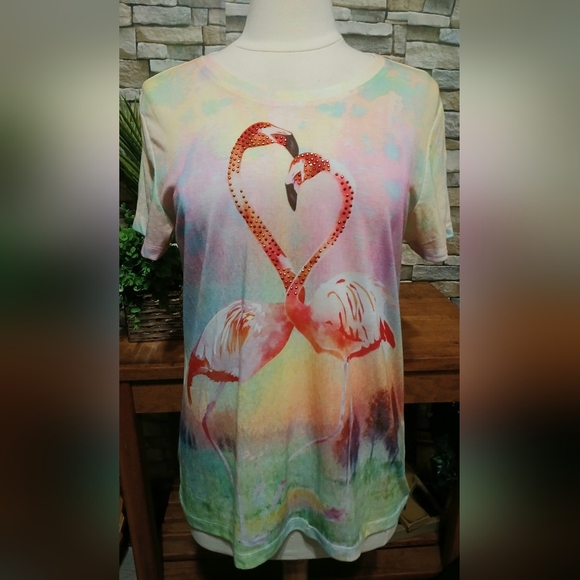 White Stag Tops - 🦩Large Colorful Flamingo Graphic T-Shirt